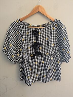Old Navy Black White Gingham Daisy Floral Bow Blouse Size XS